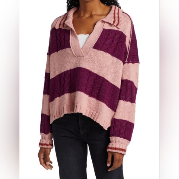 NWT FREE PEOPLEPembrook Striped Cable-Knit Sweater XS (oversize) - Picture 4 of 11